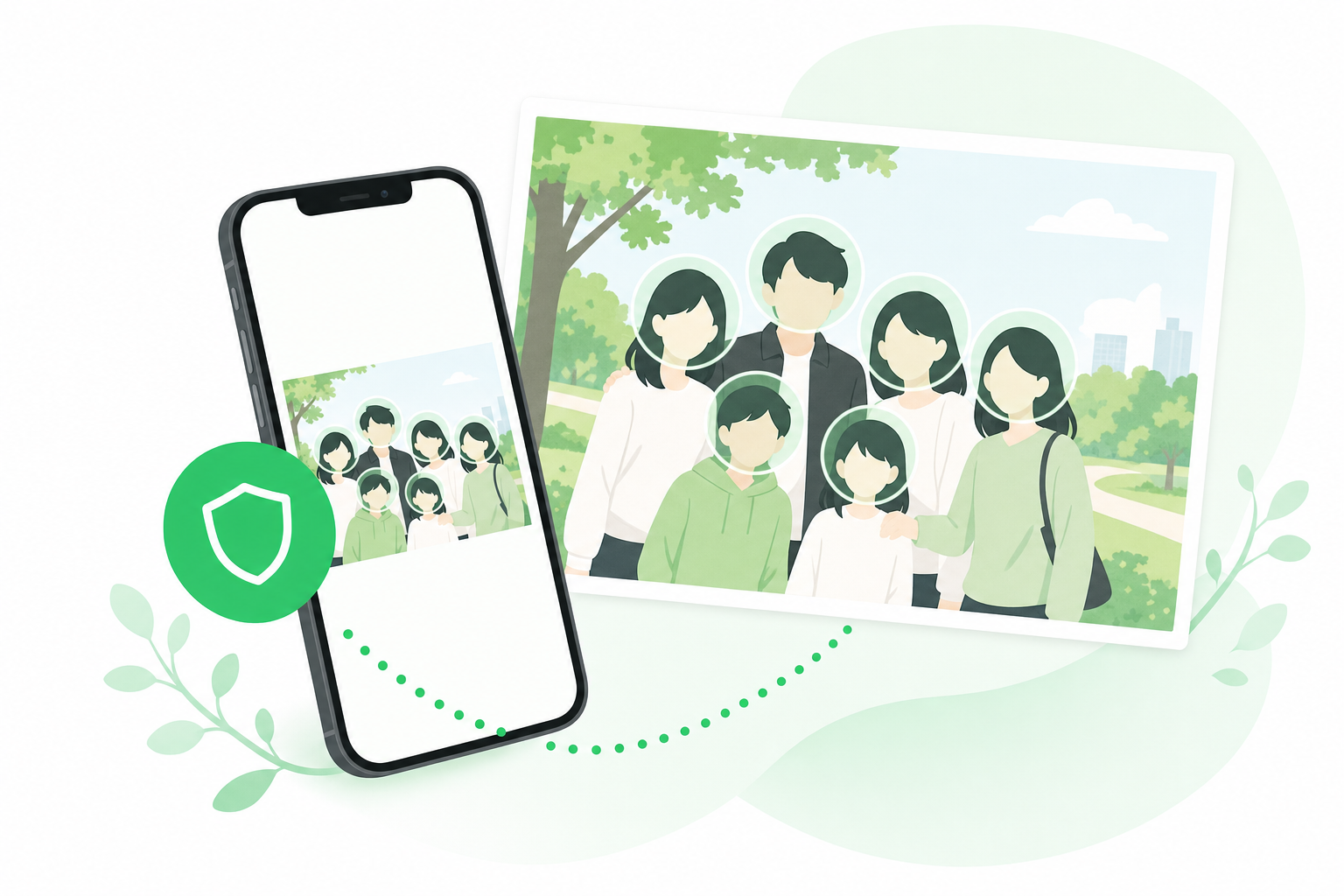 家族や友人の集合写真の顔を守るイラスト