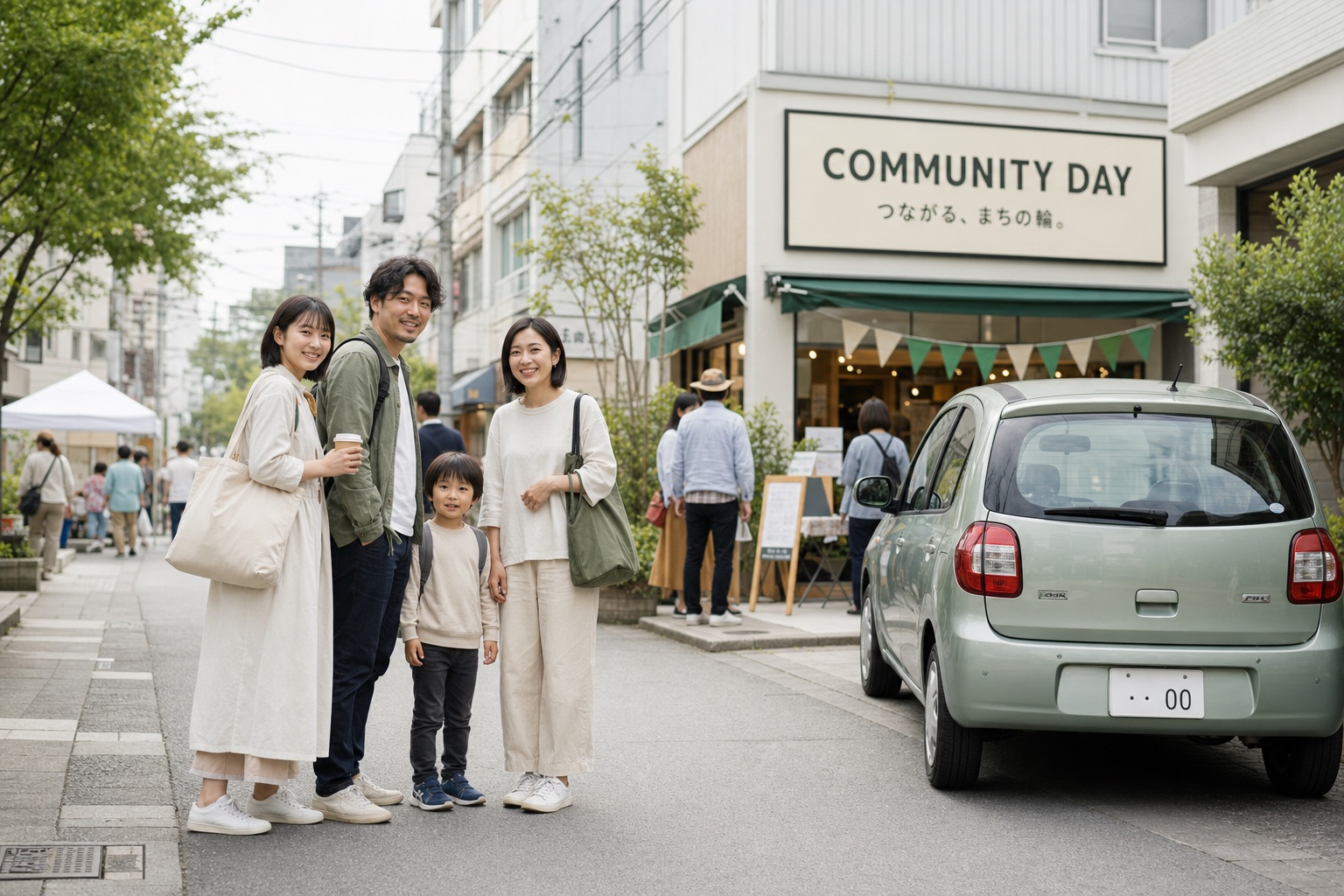 人の顔、店の看板、車のナンバーが写った日本の商店街イベントの写真